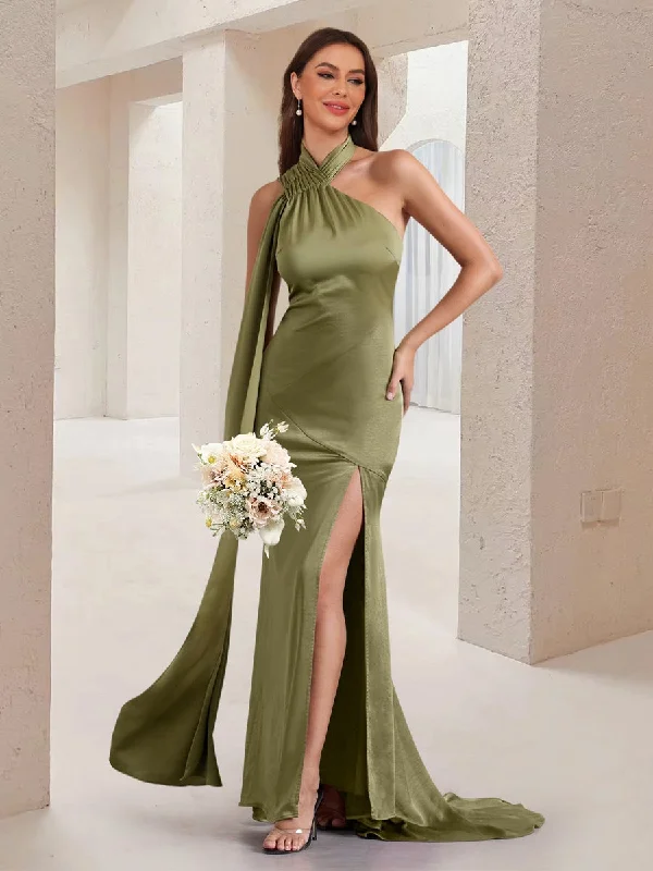 Mega Sale Sheath/Column Asymmetrical High Neck Ruched Long Bridesmaid Dresses with Sash Graceful Movement