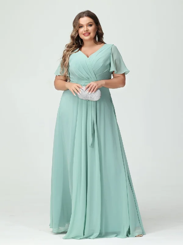 New Styles Just In A-Line/Princess V-Neck Short Sleeves Chiffon Split Side Plus Size Bridesmaid Dresses with Pockets Belt Boho - Chic Festival - Ready Style