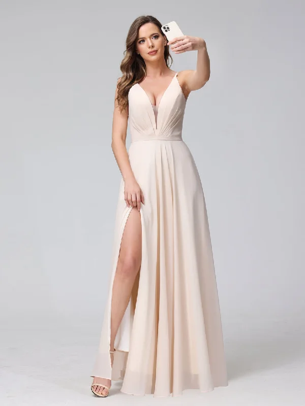 Hot Sale A-Line Spaghetti Straps V-Neck Sleeveless Long Chiffon Bridesmaid Dresses With Split Side Discounts on Casual Weekend Styles