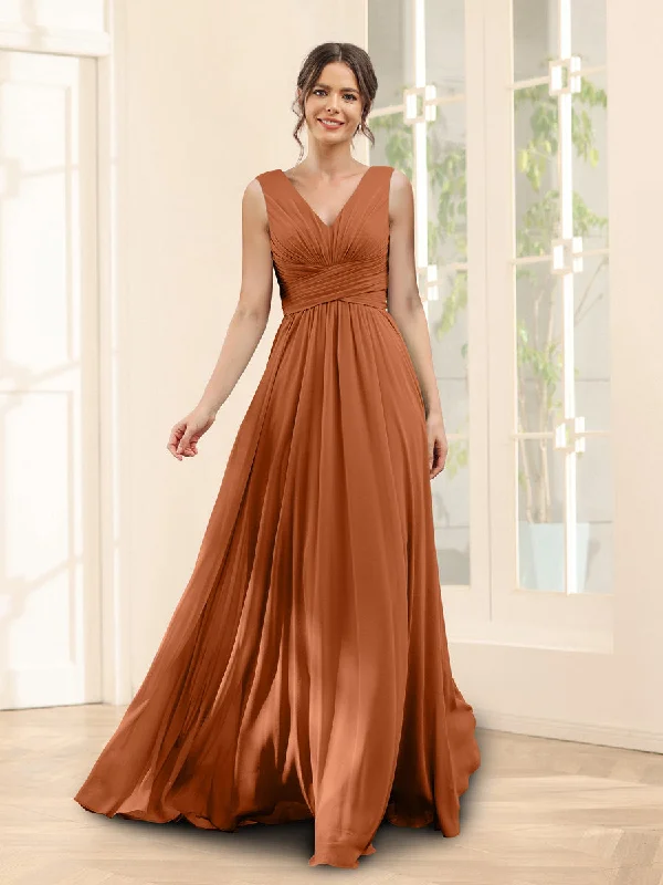 Huge Markdowns A-Line V-Neck Sleeveless Chiffon Bridesmaid Dresses With Pockets Disco - Inspired Retro Dance Look