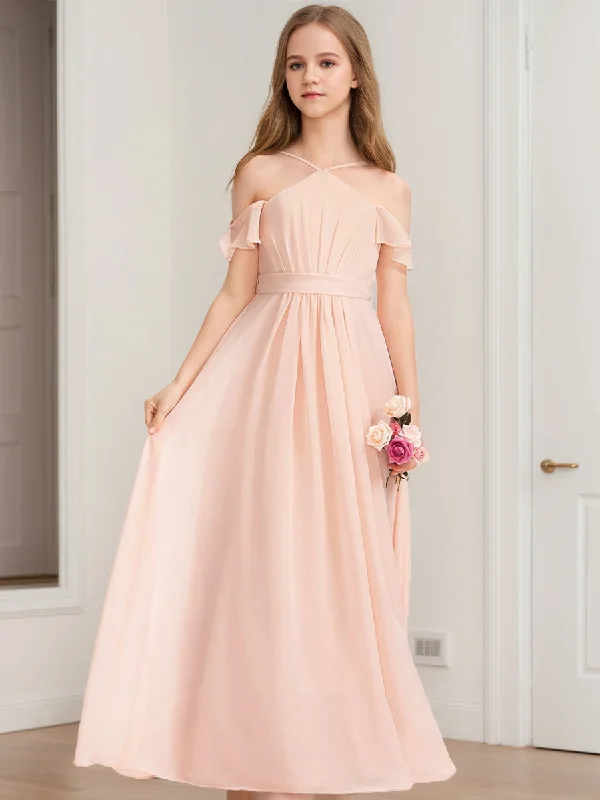 High-End Style Discounts A-Line/Princess Halter Short Sleeves Bow Junior Bridesmaid Dresses Lightweight Fabric