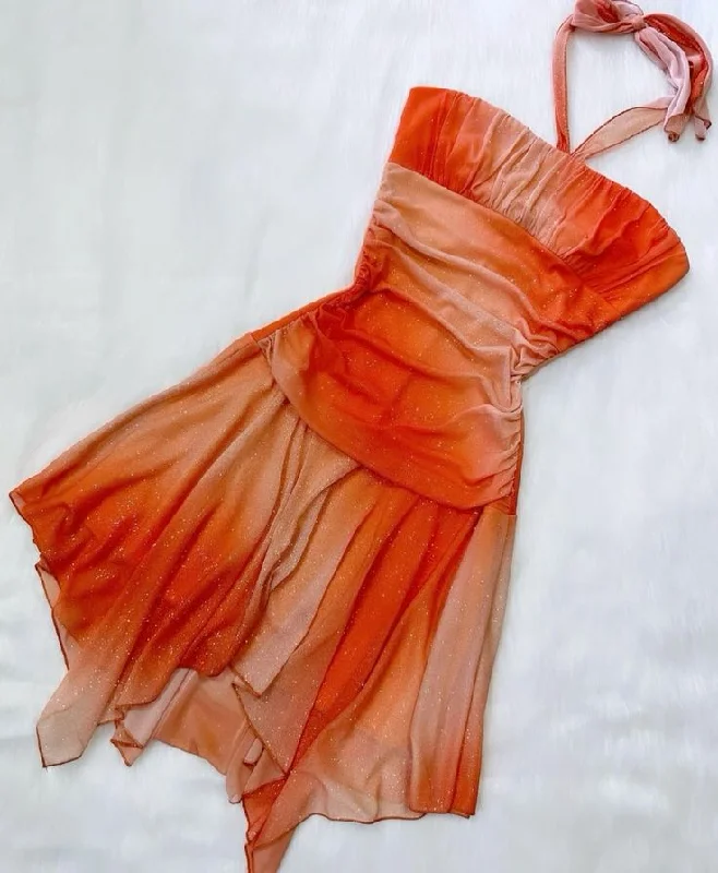 Seasonal Style Discounts Orange Fashion Gradient Suspender Short Chiffon Homecoming Dress Evening Dress Beach Holiday Party Dress gh3368 Effortless Sophistication