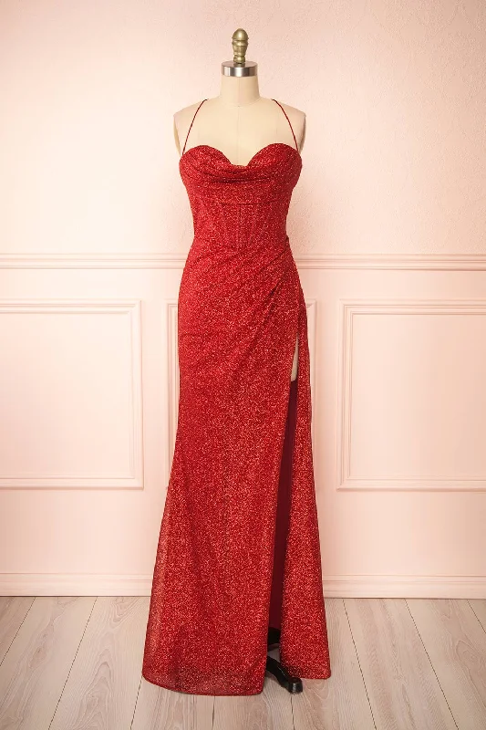 Vintage-Modern Style Offers Frosti Red | Sparkly Cowl Neck Maxi Dress Alluring Design