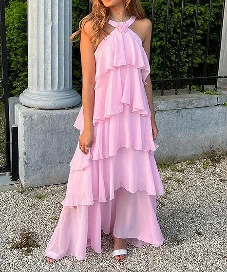 Trendy Fashion Sale Pink suspenders fashion sweet A-line backless long chiffon tiered ball gown evening dress party dress gh2906 Dreamy Draping