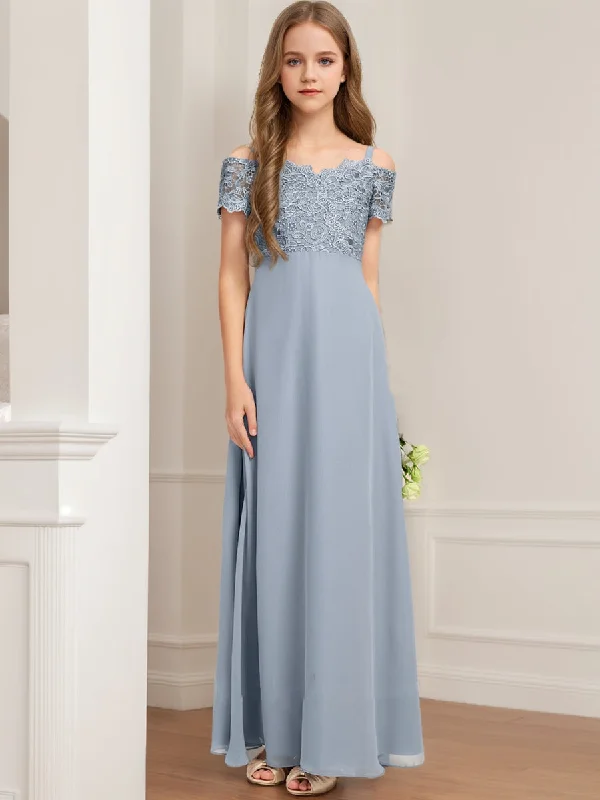 Exclusive Designer Style Deals A-Line/Princess Cold Shoulder Short Sleeves Lace Junior Bridesmaid Dresses Casual Weekend Relaxed Style