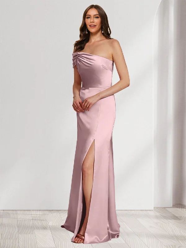 Exclusive Discount Sheath/Column Off-the-Shoulder Floor-Length Ruched Bridesmaid Dresses With Split Side Romantic Date - Night Ensemble