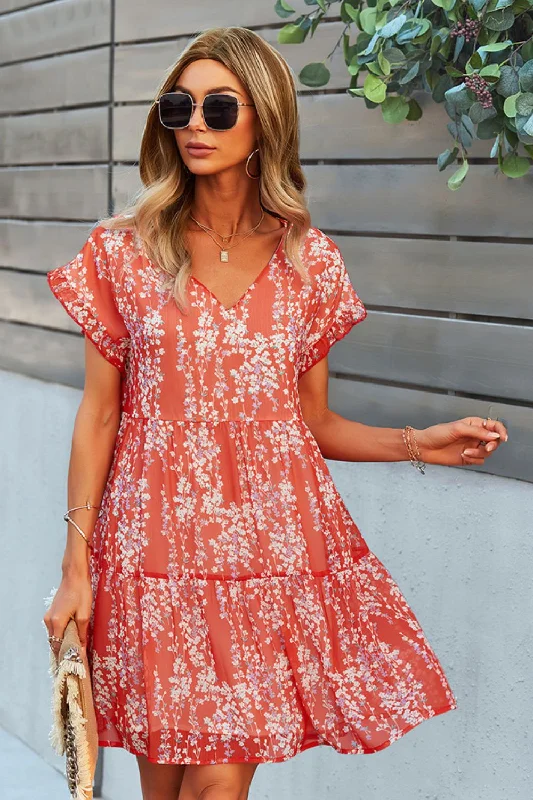 Luxury Fashion Discounts Printed V-Neck Short Sleeve Tiered Casual Dress Casual Weekend Relaxed Style