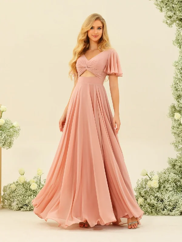 Crazy Price Slashing A-Line/Princess Ruffles V-Neck Short Sleeves Bridesmaid Dresses With Bowknot Feminine Soft - Hued Styles