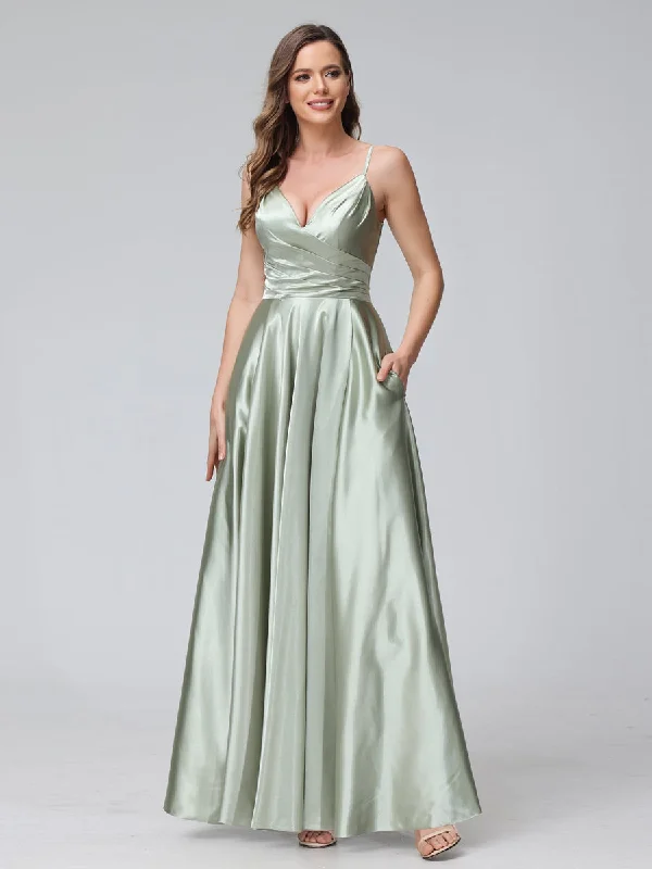 Explore What'S New A-Line Sleeveless Long Silk Satin Bridesmaid Dresses with Pockets & Split Side Today Only