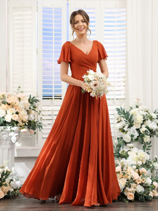 Limited Stock, Big Discounts A-Line V-Neck Short Sleeves Split Side Ruched Chiffon Bridesmaid Dresses Score Big on Glamorous Red - Carpet Styles