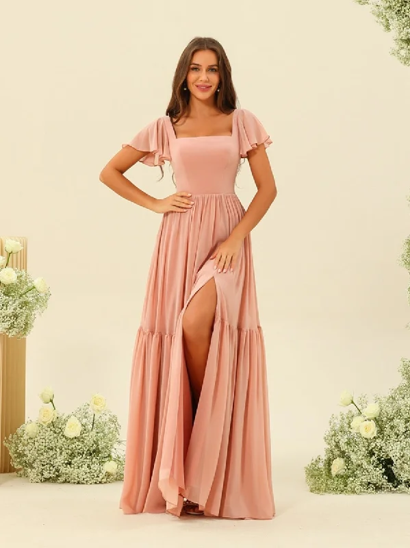 Style Upgrade A-Line/Princess Ruffles Floor-Length Short Sleeves Bridesmaid Dresses Hollywood Glam Award - Show Style