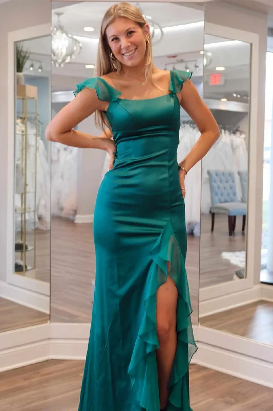 Save Big Roycebridal Ailani | Emerald Green Square Neck Ruffle Slit Prom Dress Tropical Island - Inspired Attire