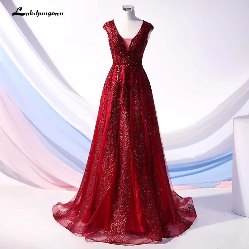 Insane Discount Onslaught Roycebridal 2020 Burgundy Evening Dresses Long V Neck Tulle Crystal Beaded Evening Gown A-Line Formal Party Dress vestido de festa de noche Lightweight Fabric