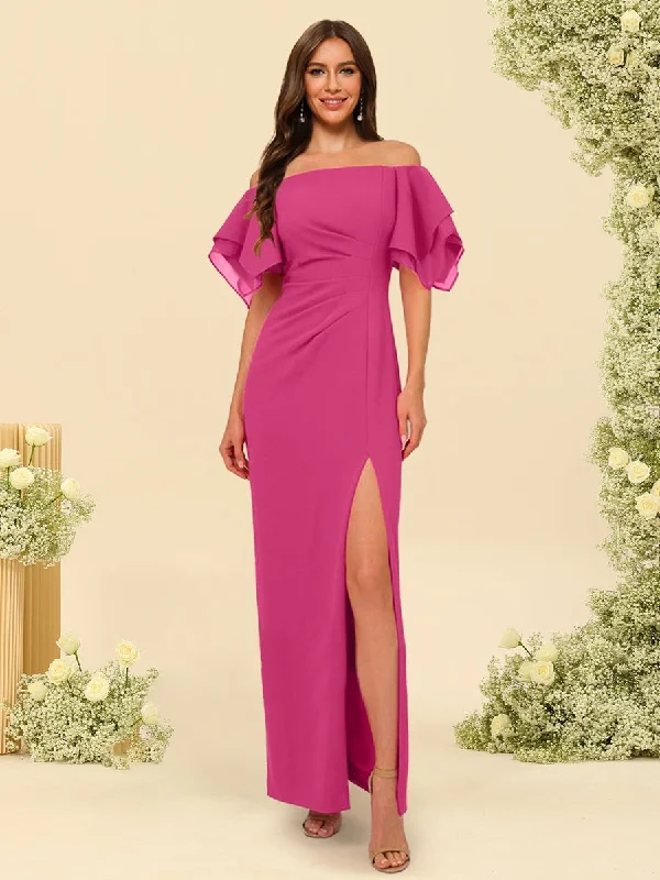 Style Breakthroughs Sheath/Column Off-the-Shoulder Short Sleeves Bridesmaid Dresses with Split Side Subtle Sophistication