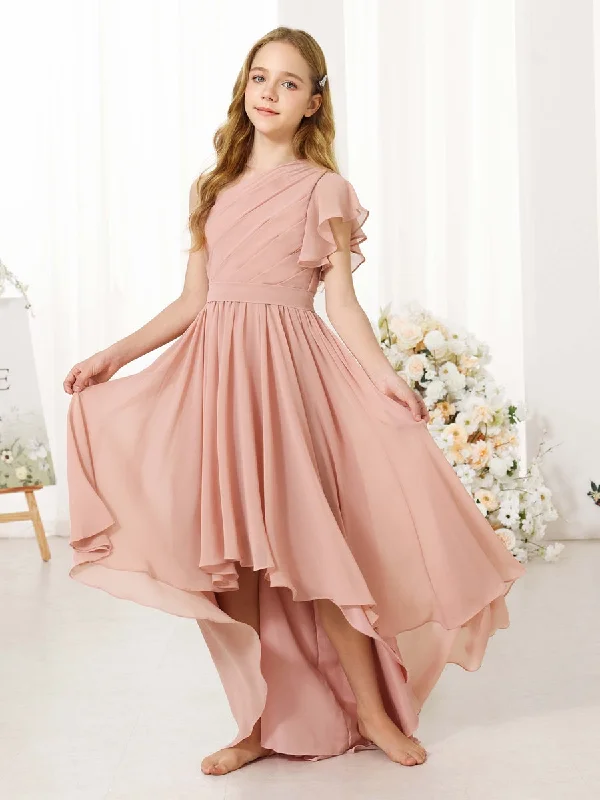 Special Offers A-Line/Princess Chiffon Short Sleeves One-shoulder Asymmetrical Junior Bridesmaid Dresses Classic Timeless Elegant Style