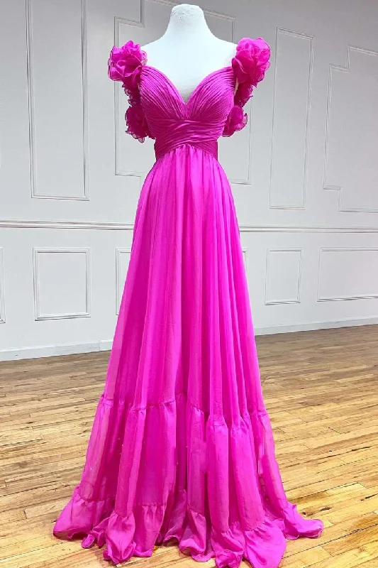 Unleash Your Trendy Side Roycebridal Aadhya | Lace-Up Fuchsia V-Neck Ruffle Pleated Long Prom Dress Weekend Special