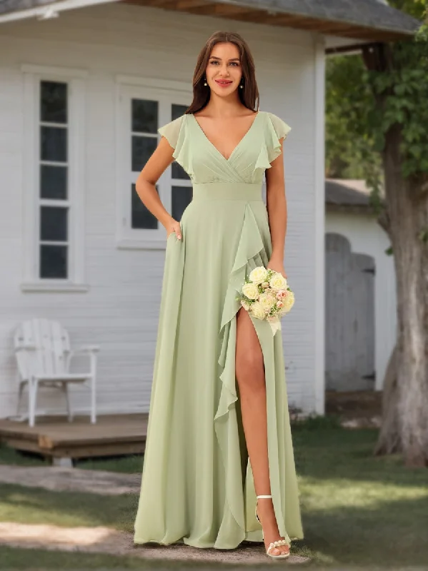 Limited Stock, Big Sale A-Line/Princess Chiffon V-Neck Long Bridesmaid Dresses with Ruffles Grab Romantic Date - Night Styles Now