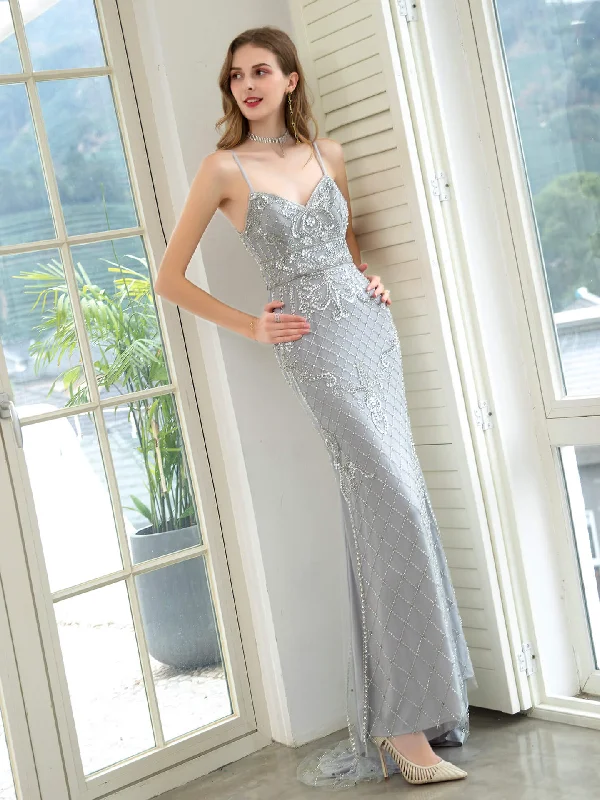 Fashion Sale Roycebridal Mermaid Beaded Luxurious Fashion Formal Evening Dresses Spaghetti Strap Sleeveless Floor Length Weekend Special