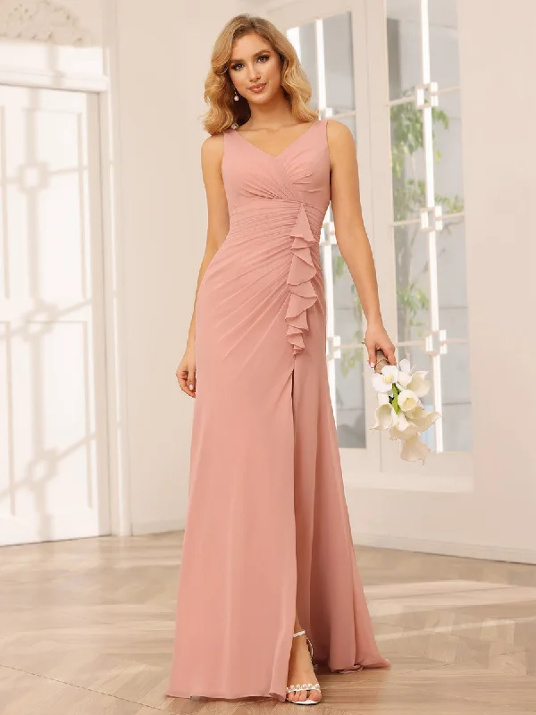 Essentials On Sale Sheath/Column V-Neck Long Bridesmaid Dresses with Split Side Soft Textures