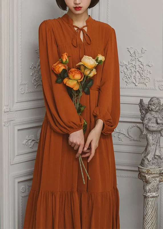 Unbeatable Deals Solid Slit Tie Front Long Sleeve V Neck Casual Dress Caramel Vibrant Prints