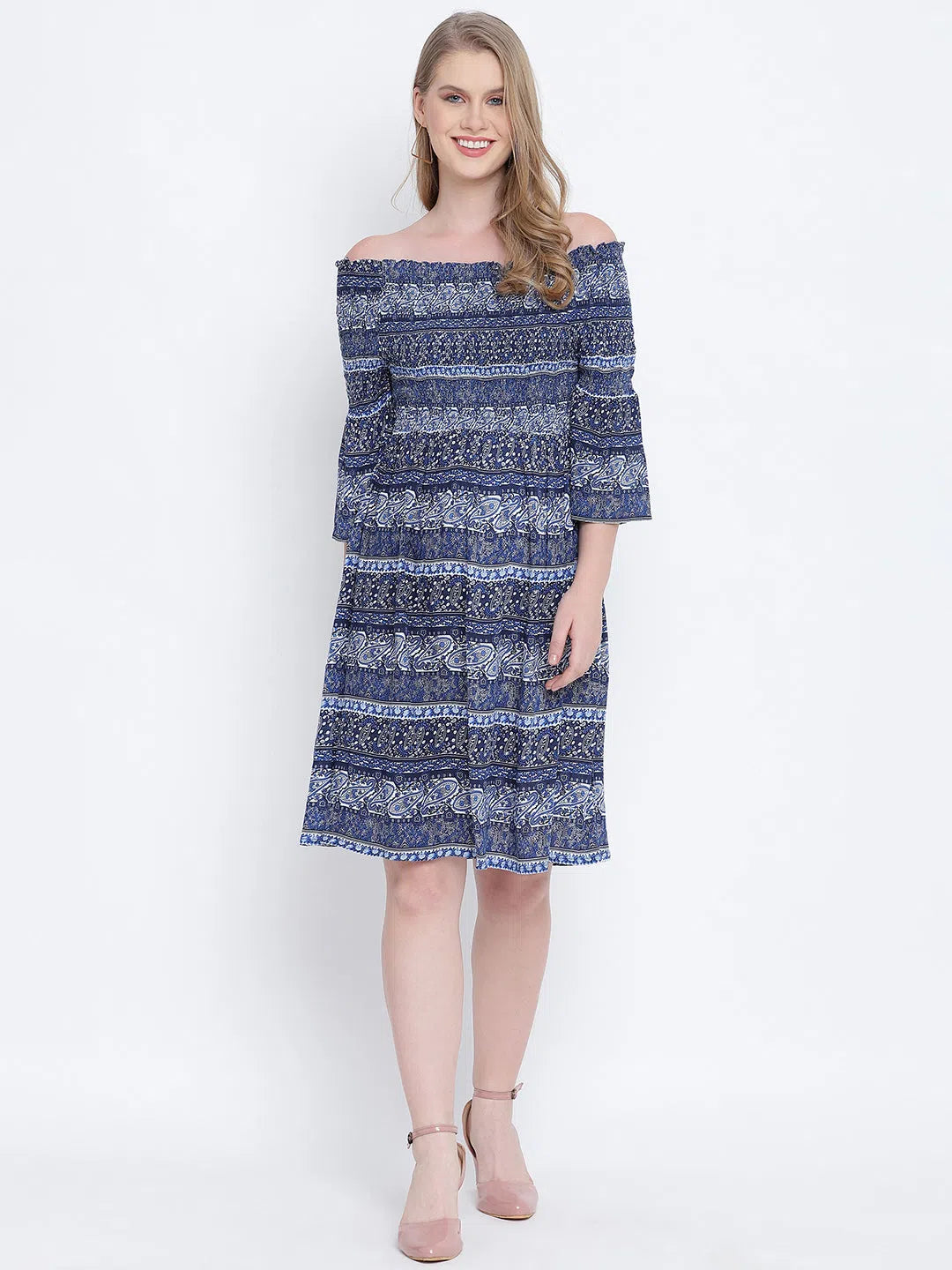 Smart Casual Deals Misty blue printed bardot women casual dress Weekend Special