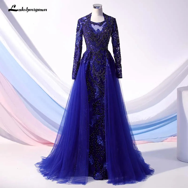 Feminine Luxe Style Sale Roycebridal Luxury Navy Blue Latest Design Evening Dresses 2020 Long Sleeves A-Line Sexy Evening Gowns Dubai Sequined Sparkle Evening Dress Minimalist Office - Ready Style