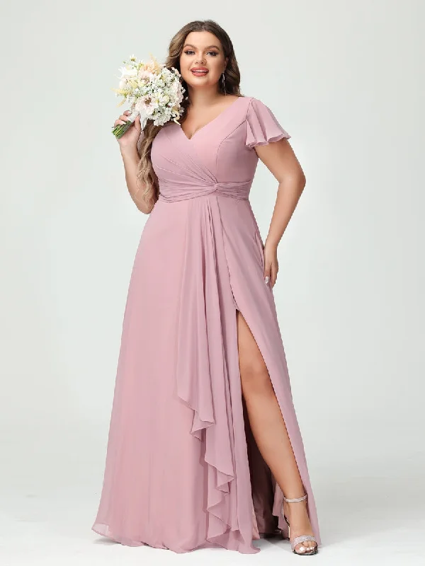 Casual Yet Chic Sales A-Line/Princess V-Neck Short Sleeves Chiffon Ruffles Split Side Plus Size Bridesmaid Dresses with Pockets Grab Romantic Date - Night Styles Now