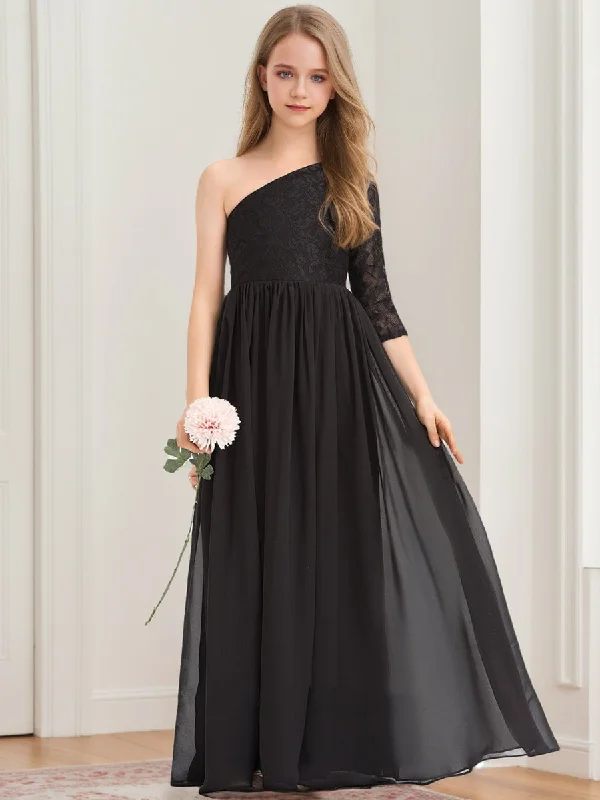 Relaxed Style A-Line/Princess One-Shoulder Asymmetrical Lace Junior Bridesmaid Dresses Mid - Week Surprise