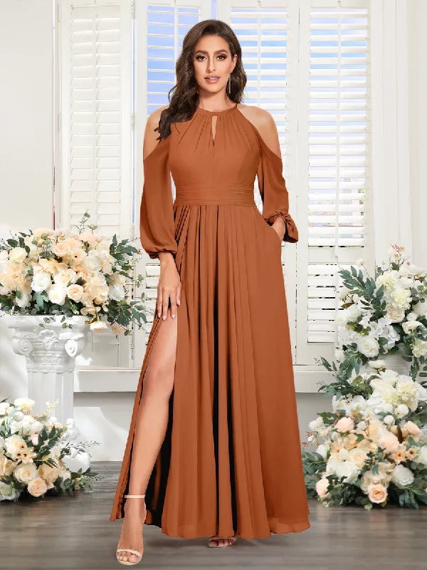 Flash Sale Starts A-Line/Princess Halter Off-the-Shoulder Long Sleeves Bridesmaid Dresses with Split Side Big Savings on Minimalist Office Styles