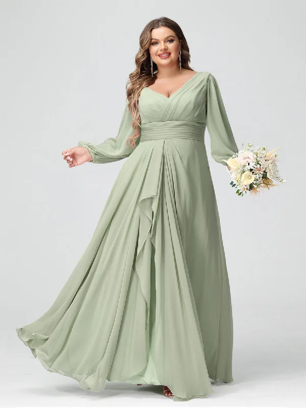 Dive Into Trendy Styles A-Line/Princess V-Neck Long Sleeeves Chiffon Ruffles Plus Size Bridesmaid Dresses with Pockets Soft Textures