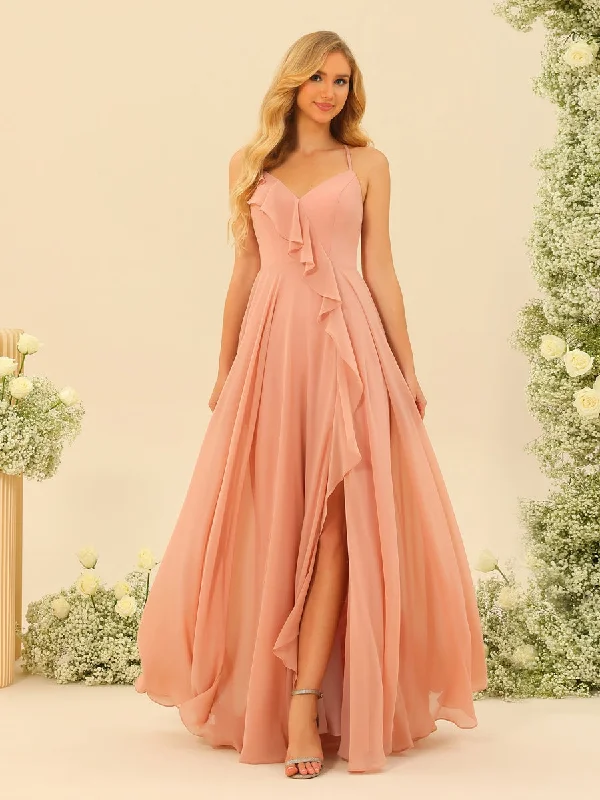 Stylish Looks A-Line/Princess Spaghetti Straps V-Neck Long Bridesmaid Dresses with Split Side & Ruffles Grab Romantic Date - Night Styles Now