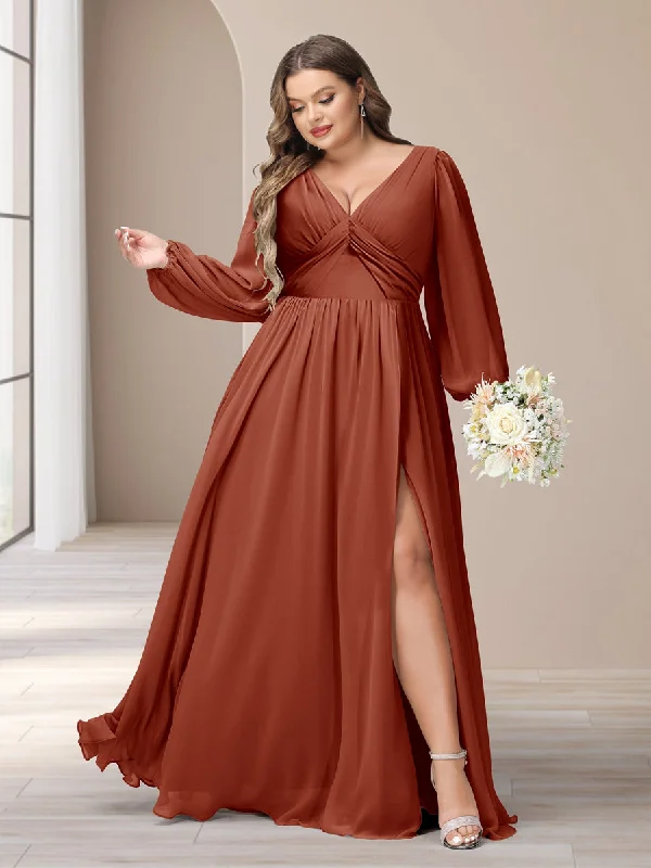 The Latest Fashion Trends A-Line/Princess V-Neck Long Sleeves Chiffon Long Plus Size Bridesmaid Dresses With Split Side Celebrate with Big Savings