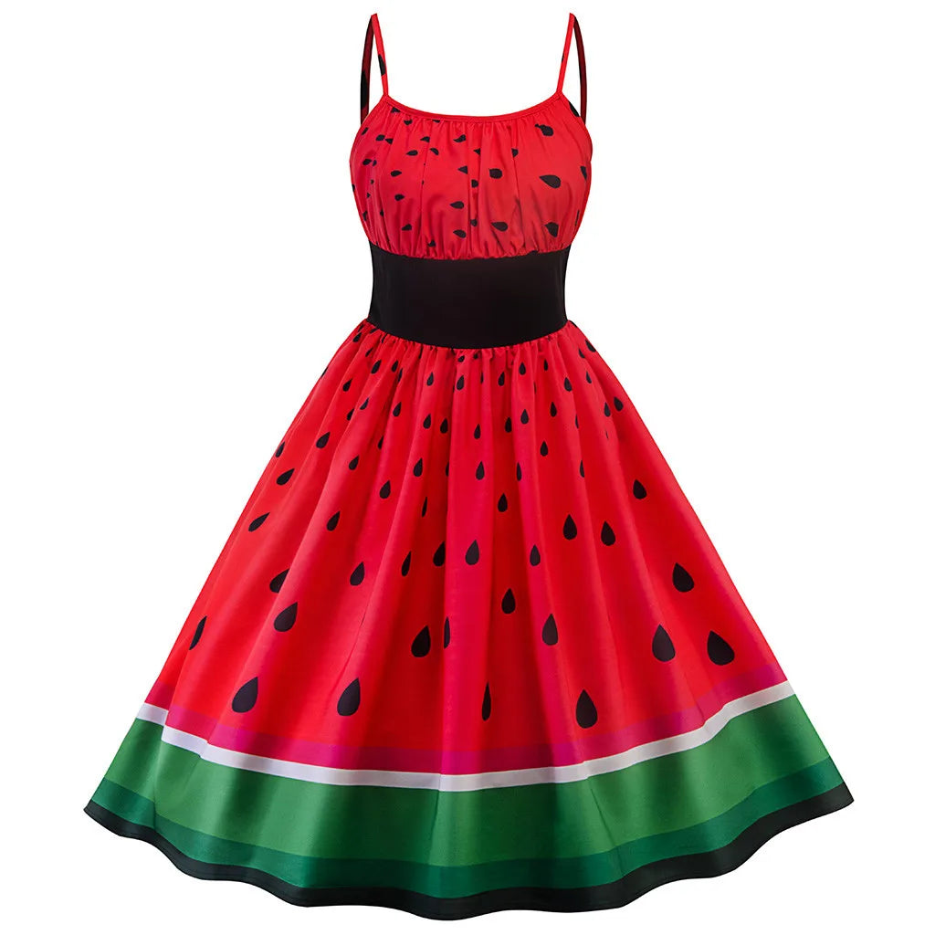 Trend Leading Collection JuliaFashion - Elegant Women Sling Party Cocktail Prom Watermelon Print Big Swing High Waist Spaghetti Strap Fashion Casual Dress Early Access to Art Deco Styles Sale