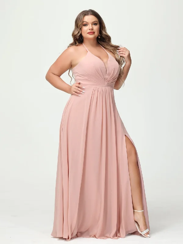 Forward Trendsetter A-Line/Princess Halter Sleeveless Chiffon Ruched Split Side Plus Size Bridesmaid Dresses with Pockets Mother's Day Special