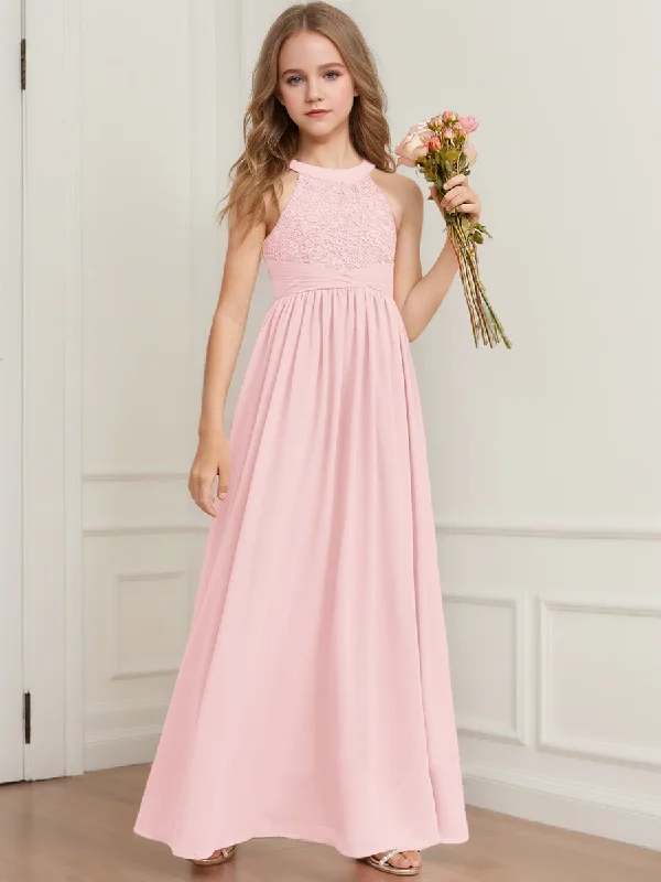 Modish Fashion Discounts A-Line/Princess Halter Sleeveless Lace Junior Bridesmaid Dresses Romantic Detailing