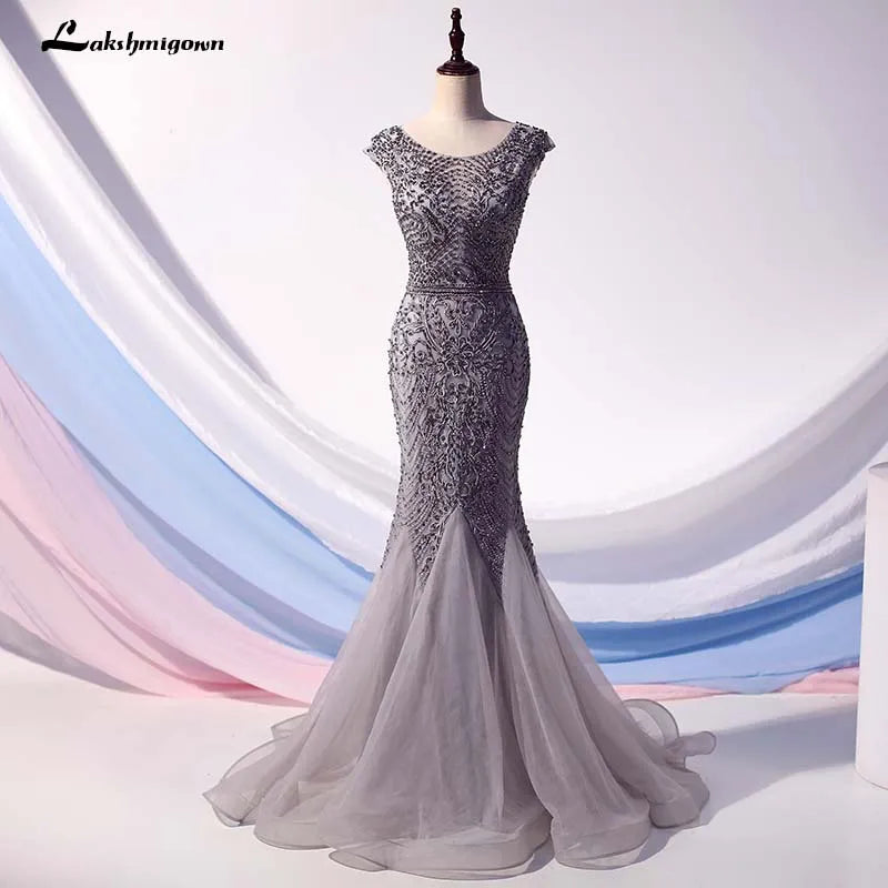 Exclusive Designer Style Deals Roycebridal Lakshmigown Luxury Grey Crystals Evening Dress Long Mermaid Beaded Cap Sleeve Evening Gown Formal Party Dress Vestido Gala Largo Bold Patterns