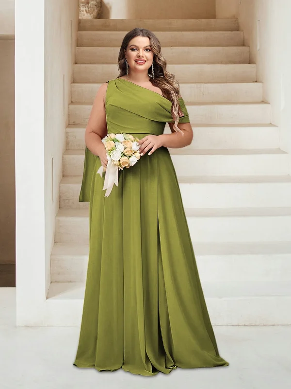 The Latest Trends A-Line/Princess One-Shoulder Floor-Length Sleeveless Plus Size Bridesmaid Dresses Beat the Heat in Tropical Styles