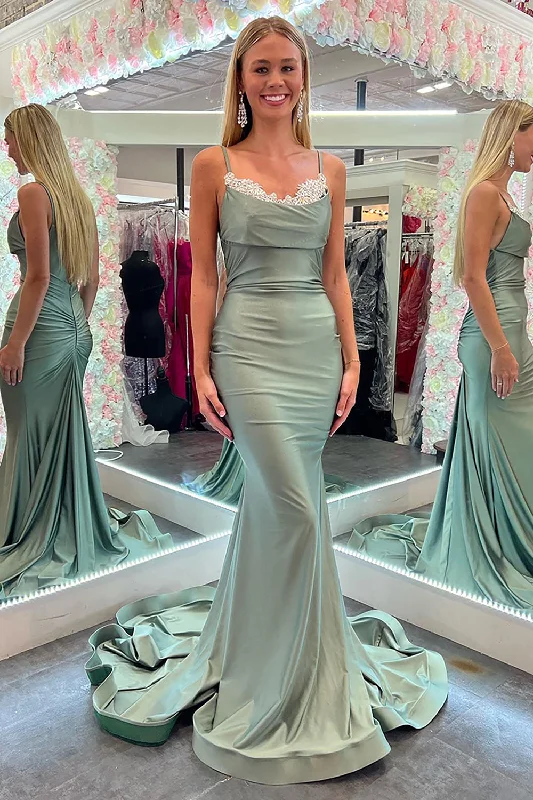 Modern Fashion Sale Roycebridal Jayleen | Mermaid Spaghetti Straps Green Long Prom Dress with Lace Cottagecore Rustic Charm Style