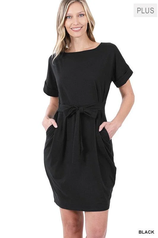 Avant-Garde Style Promotions Plus size brushed tie belt casual dress in Black Feminine Soft - Hued Styles