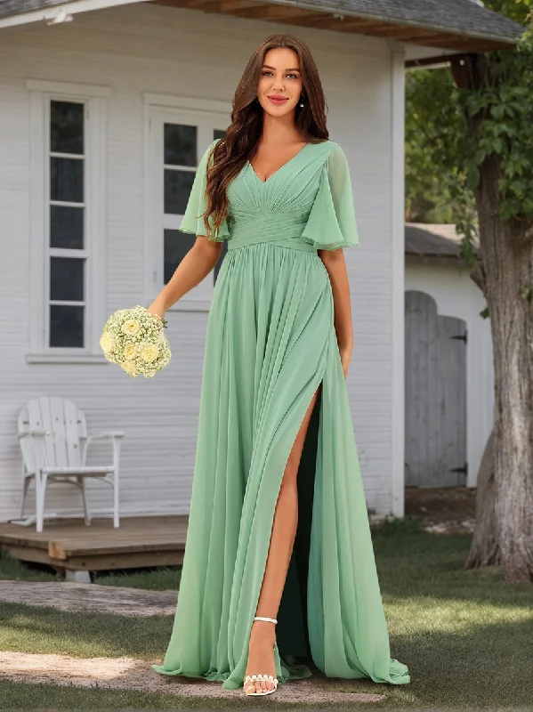 Special Offers, Don't Miss A-Line V-Neck Half Sleeves Chiffon Bridesmaid Dresses With Pockets Hollywood Glam Award - Show Style