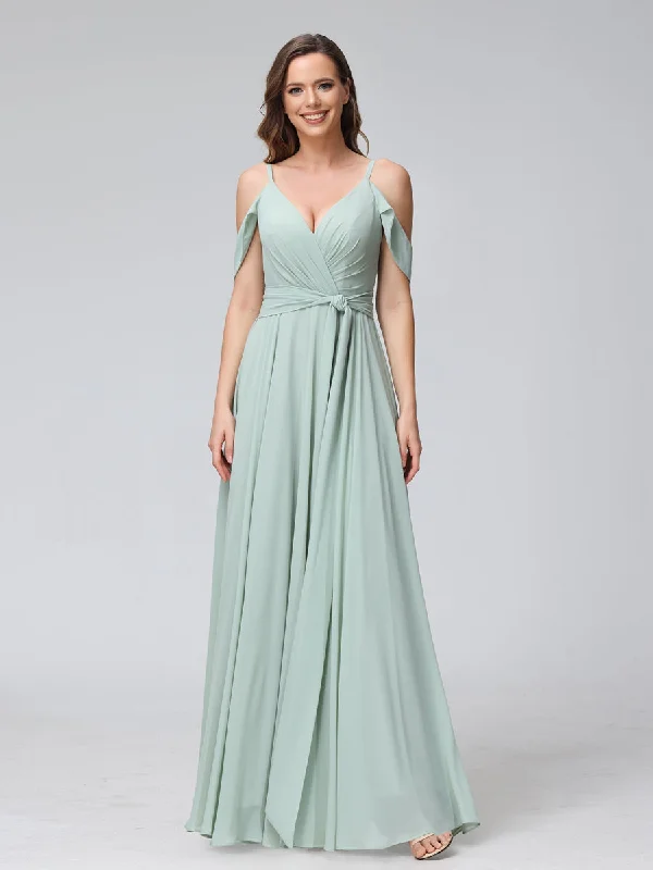 Big Discounts A-Line V-Neck Short Sleeves Chiffon Bridesmaid Dresses with Spaghetti Straps & Split Side Bold Patterns