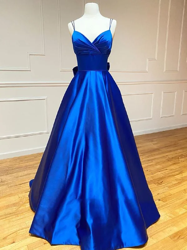 Trendy Looks On Sale Roycebridal Royal Blue Satin A Line V Neck Long Prom Dress With Bow Tie Boho - Chic Festival - Ready Style