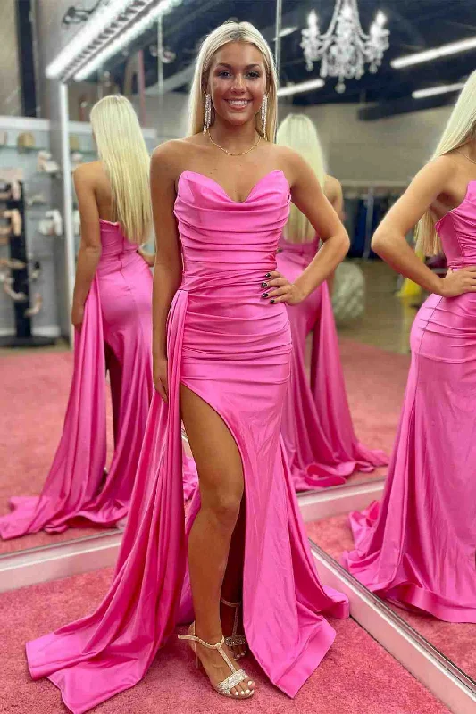 Limited Edition Roycebridal Jovie | Strapless Hot Pink Pleated Long Prom Dress with Slit Flowy Fabric