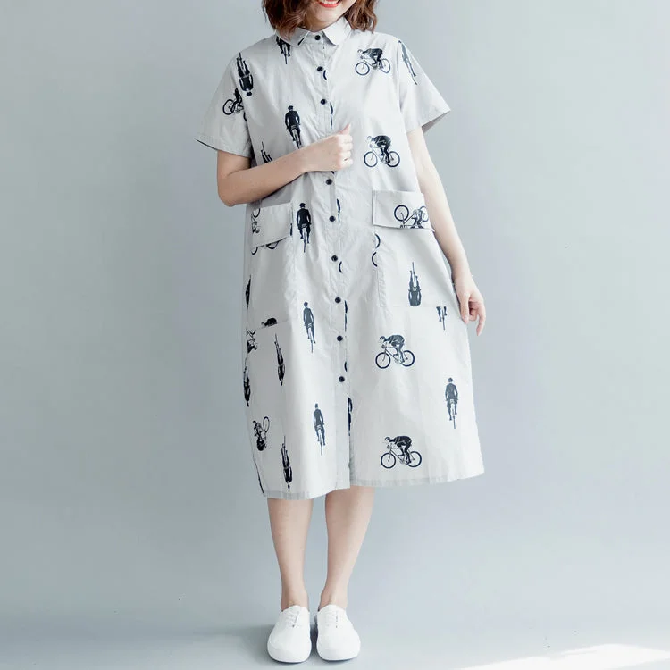 Spring Offer boutique gray print pure cotton dress plus size casual dress boutique short sleeve pockets Turn-down Collar hollow out midi dress Minimalist Chic