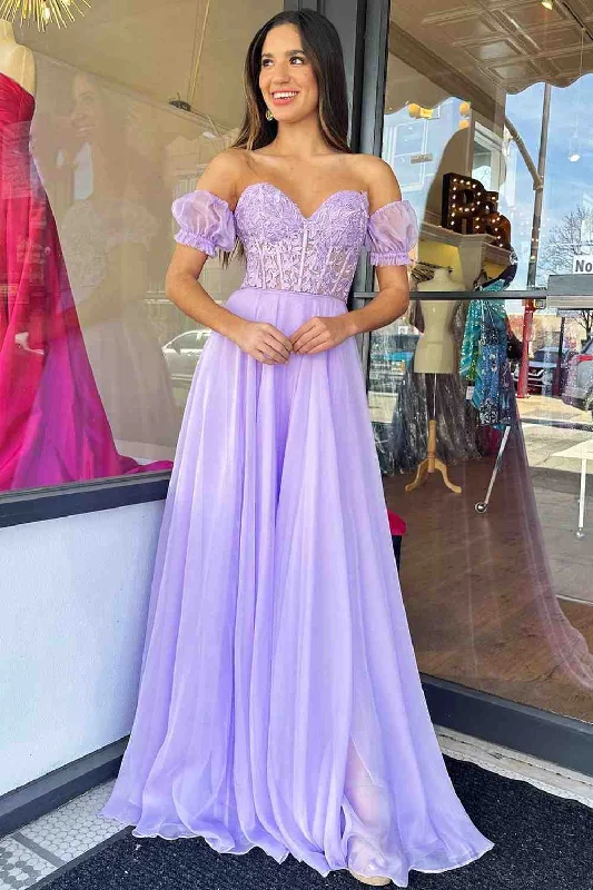 Latest Trends Roycebridal Off-Shoulder A-line Chiffon Applique Lace-Up Long Prom Dress Romantic Date - Night Ensemble