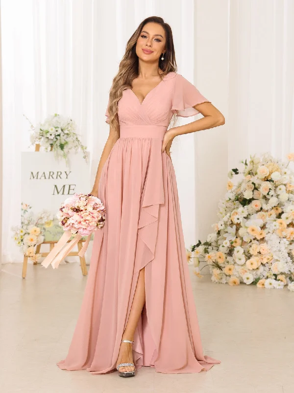 Huge Price Cut A-Line/Princess V-Neck Short Sleeves Long Bridesmaid Dresses With Split Side Classic Timeless Elegant Style