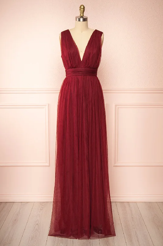 Special Offers Samina Burgundy | Tulle Maxi Dress w/ Plunging Neckline Vibrant Prints