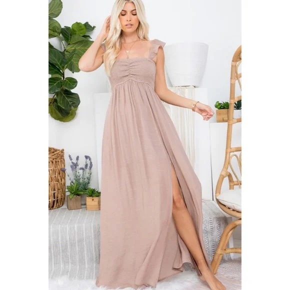 Boutique Styles Sand Ruffle Sleeve Solid Smocked Long Full Length Relaxed Fit Maxi Casual Dress Chic Allure