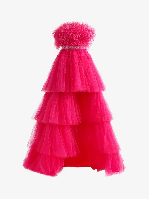 Trendy Styles Roycebridal Marie| Fuchsia A-line High-Low Strapless Ruffled Tulle Prom Dress with Feathers Modern Romance