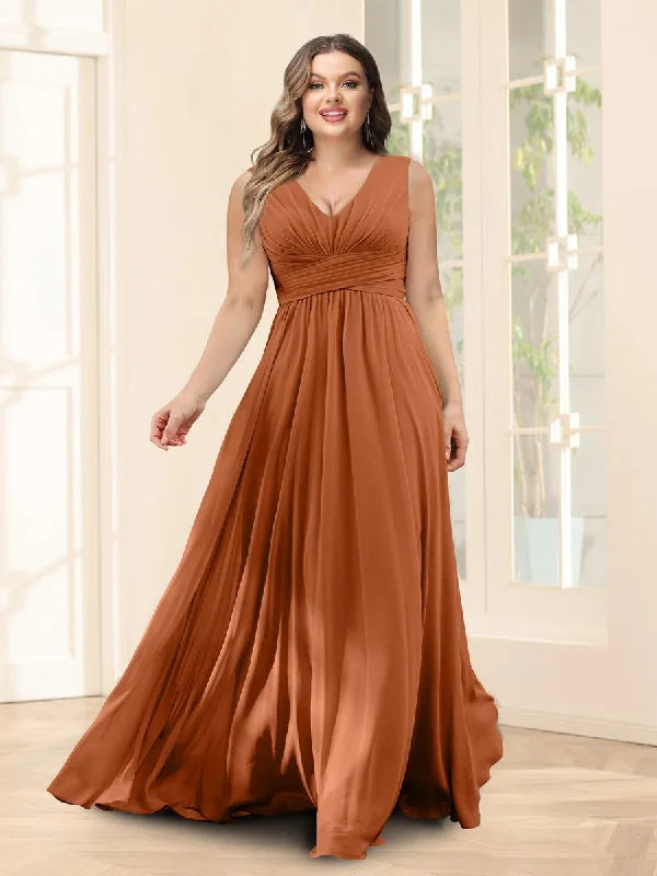 Buy More, Save More A-Line V-Neck Sleeveless Chiffon Plus Size Bridesmaid Dresses With Pockets Ethnic Cultural Event Wear